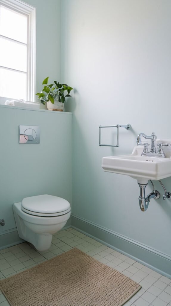 A serene half bathroom with light green painted walls and a light-colored tiled floor. It features a wall-mounted white toilet with a grey and pink flush plate and a white wall-mounted sink with chrome fixtures. A small potted plant sits on a ledge above the toilet. A light brown rug is placed on the floor.