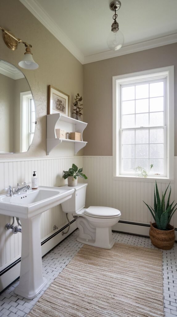 A spacious half bathroom with wainscoting on the lower walls and light beige painted upper walls. It features a white pedestal sink and a white toilet. A large window allows ample natural light. A white wall-mounted shelf with decor hangs above the toilet. A large snake plant in a woven basket sits next to the toilet. The floor is white and black mosaic tile, and a light-colored rug is placed in the center.