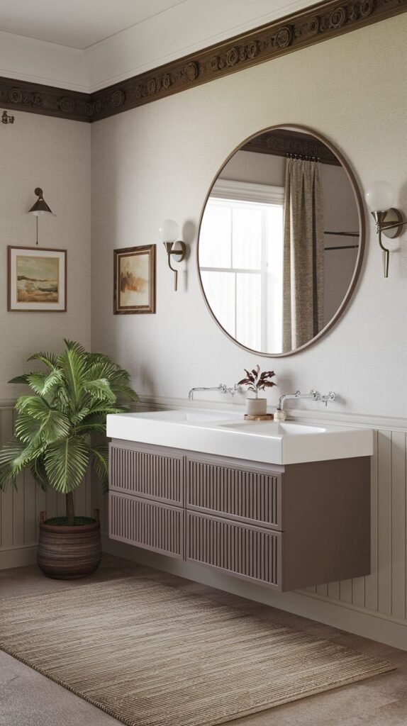 A modern and warm half bathroom with light-toned textured wallpaper and a decorative border along the ceiling. A long, floating dark brown vanity with two white sinks is prominent. A large round mirror with a brown frame hangs above the vanity. The lower walls appear to have wainscoting. A large green plant in a wooden pot is on the left. A light-colored rug covers the floor.