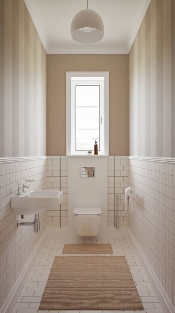 A minimalist half bathroom with striped wallpaper in shades of beige and white on the upper walls, and white subway tiles on the lower walls. It includes a wall-mounted white toilet and a wall-mounted white sink with chrome fixtures. A small window is centered on the back wall. A large white pendant light hangs from the ceiling. Two light brown rugs are on the white tile floor.