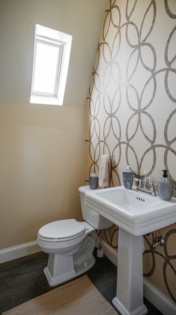 A uniquely decorated half bathroom with a geometric patterned wallpaper featuring circles on one wall, and light beige paint on the other walls and ceiling. It has a white pedestal sink and a white toilet. A small slanted window is high on the patterned wall. A light brown rug is on the dark wood floor.