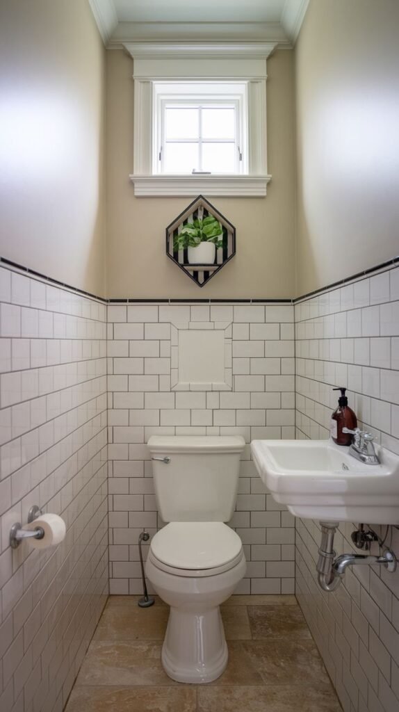 A neat half bathroom with white subway tiles on the lower walls, separated by a black trim from the light beige painted upper walls. It features a white toilet and a white wall-mounted sink. A small window with white trim is centered on the back wall. A decorative hexagonal shelf with a plant is mounted above the toilet. The floor is light-colored natural stone tile.