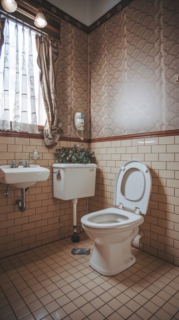 A vintage-style half bathroom with peach-toned subway tiles on the lower walls and patterned wallpaper above. It features a small white sink with exposed pipes, a white toilet, and a window with patterned curtains. A small plant sits atop the toilet tank, and the floor is covered in small, light-colored square tiles.