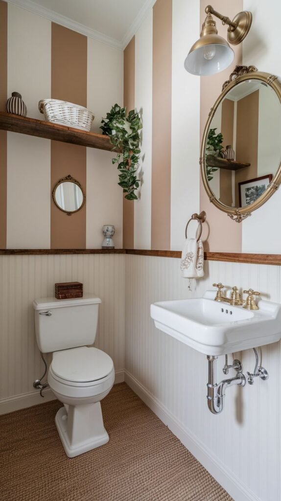 A charming half bathroom with light beige and brown vertical striped wallpaper on the upper walls, and white beadboard paneling on the lower walls. It features a white toilet and a white wall-mounted sink with gold fixtures. A wooden shelf with decor and a plant is mounted on the wall. An ornate gold-framed mirror and a brass wall sconce are above the sink. A light brown rug is on the floor.