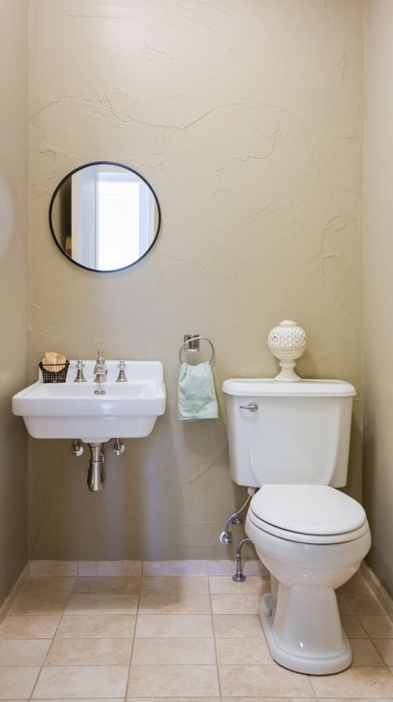 A simple half bathroom with light beige textured walls. It includes a white toilet and a white wall-mounted sink with chrome fixtures. A round black-framed mirror hangs above the sink. A decorative white object sits on the toilet tank. The floor is light-colored square tiles.