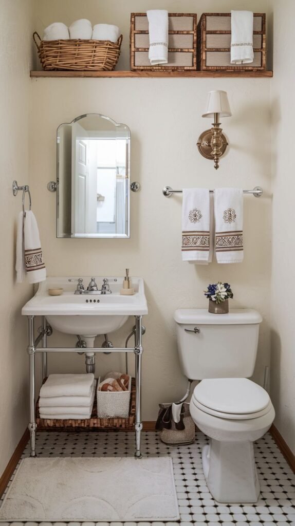 A well-organized half bathroom with light cream-colored walls. It features a white console sink with chrome legs and a white toilet. Neatly folded white towels and a basket are on the sink's lower shelf. A wooden shelf with storage baskets is mounted above the sink. Decorative white and brown towels hang on a rail. A small mirror hangs above the sink, and a wall sconce is to its right. The floor is black and white mosaic tile with a white rug.