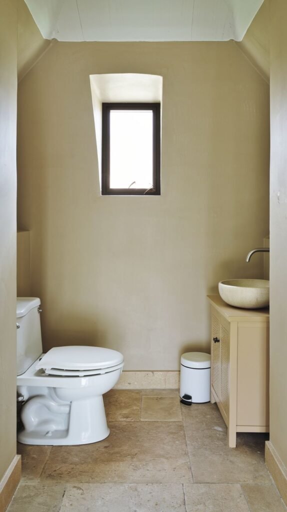 A minimalist half bathroom with light beige walls and a light-colored natural stone tile floor. It features a white toilet and a light-colored wooden vanity with a stone vessel sink. A small, narrow window is high on the wall. A white waste bin is placed between the toilet and the vanity.
