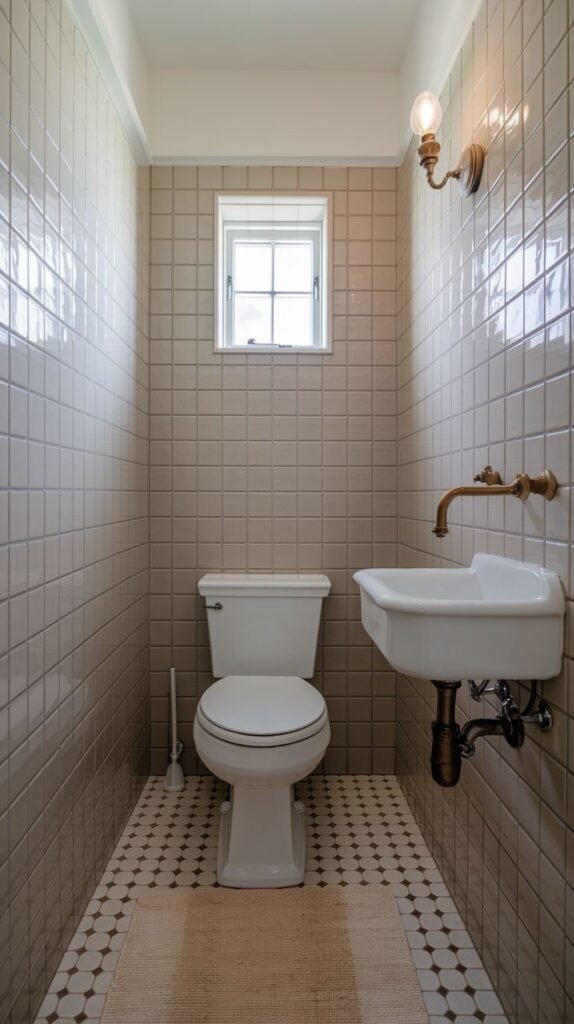 A compact half bathroom with light brown square tiles covering the walls and a light-colored floor with a black and white patterned border. It features a white toilet and a white wall-mounted sink with brass fixtures. A small window is centered on the back wall. A light brown rug is on the floor.