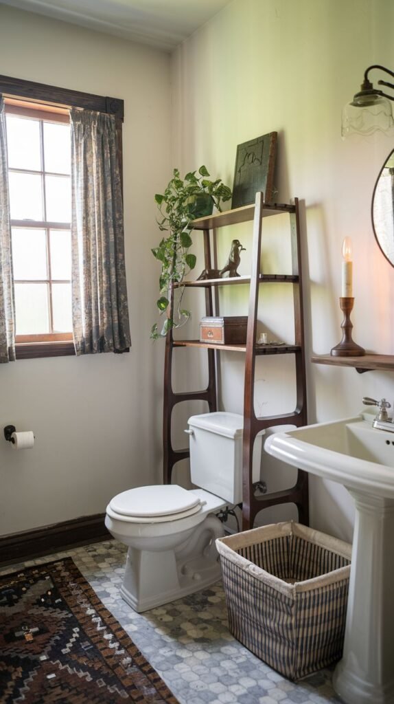 A rustic-inspired half bathroom with light beige walls and a patterned tile floor. It features a white toilet and a white pedestal sink. A tall wooden ladder-style shelf with plants and decor is placed behind the toilet. A large window with patterned curtains is on the left. A woven basket is next to the sink.
