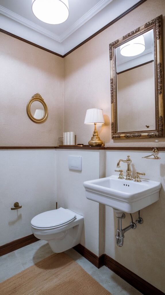 An elegant half bathroom with light beige walls, a white lower section, and dark wood trim. It features a wall-mounted white toilet and a white wall-mounted sink with gold fixtures. An ornate gold-framed mirror hangs above the sink, with a lamp on a side table below it. A smaller round gold mirror is on the adjacent wall. A light brown rug is on the floor.