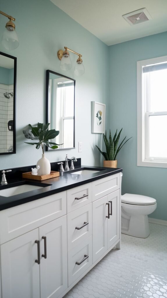 A bright and modern full bathroom, which also functions as a half bathroom, featuring light blue walls and a white hexagon tiled floor. It has a large white double vanity with black countertops and black handles. Two black-framed mirrors hang above the vanity. A white toilet is visible on the right. A large window and various plants are also in the room.