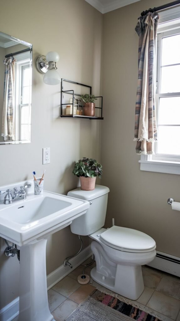 A cozy half bathroom with light beige painted walls and a light-colored tiled floor. It features a white pedestal sink and a white toilet. A window with patterned curtains is on the right. A black metal wall shelf with plants and decor hangs on the wall, and a mirror is above the sink.