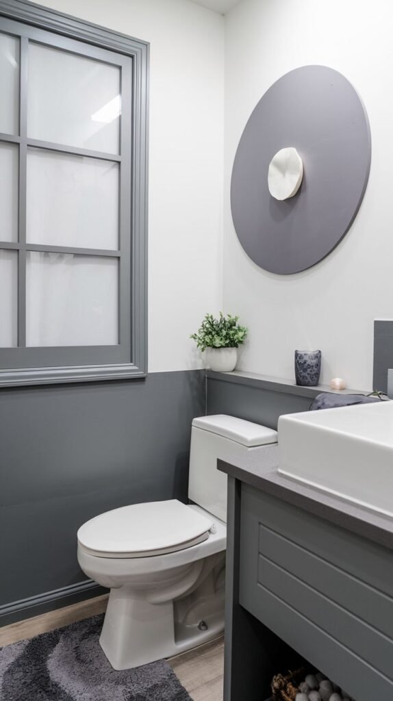 A contemporary half bathroom with a grey and white color scheme. The lower wall is painted a dark grey with a grey dado rail, and the upper wall is white. A white toilet is visible next to a dark grey vanity with a white rectangular basin. A large grey circular art piece with a white center adorns the white wall, and a small potted plant is on the dado rail. The floor is a light wood planking, with a grey rug.