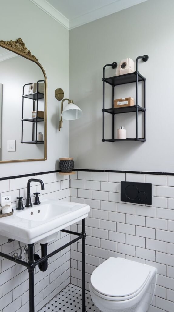 A chic half bathroom with white subway tiles on the lower wall and light grey paint above. Black grout outlines the tiles, and a black trim runs along the top of the tiled section. A white console sink with black legs and fixtures is on the left. A black flush plate is visible on the wall above the toilet. A black metal shelving unit is mounted on the wall, and an ornate gold-framed mirror hangs above the sink. The floor is black and white mosaic tile.