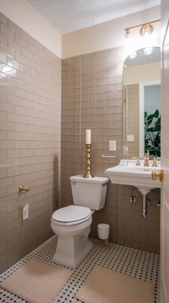 A classic half bathroom with light brown subway tiles covering the walls from floor to ceiling. It features a white pedestal sink with gold fixtures and a white toilet. A tall golden candle holder sits on the toilet tank. The floor has black and white mosaic tiles, and two light-colored bath mats are placed in front of the sink and toilet. A round mirror hangs above the sink, and a light fixture is mounted above the mirror.