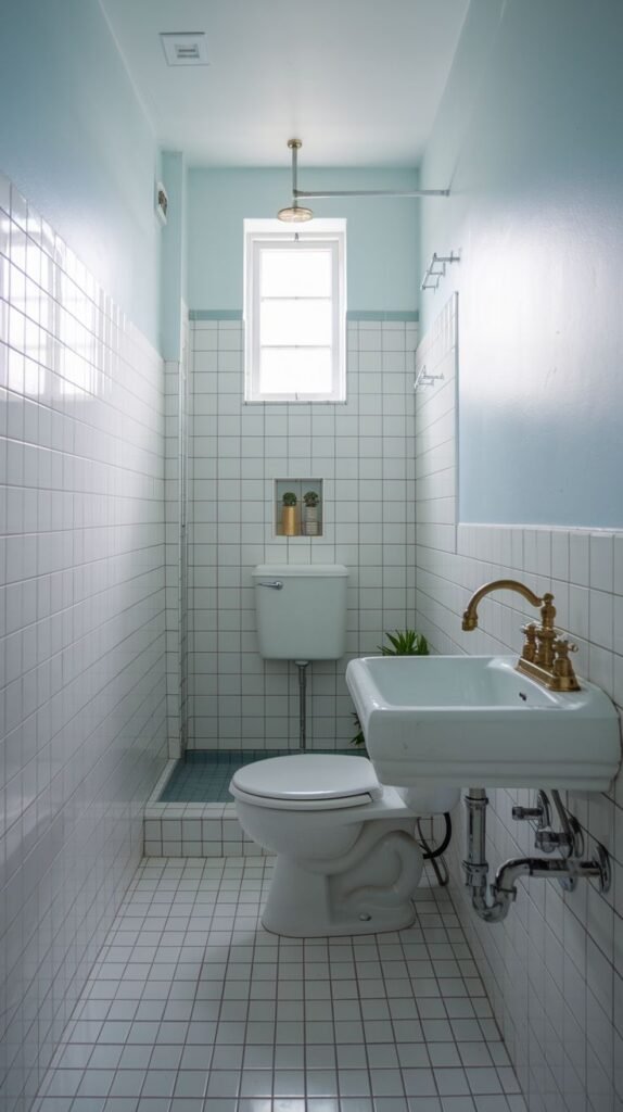 A compact half bathroom with white subway tiles covering most of the walls and a light blue painted upper wall. It features a white toilet and a white wall-mounted sink with gold fixtures. A small window is centered on the back wall. The shower area is in the background, tiled similarly, and a small plant is visible near the toilet.