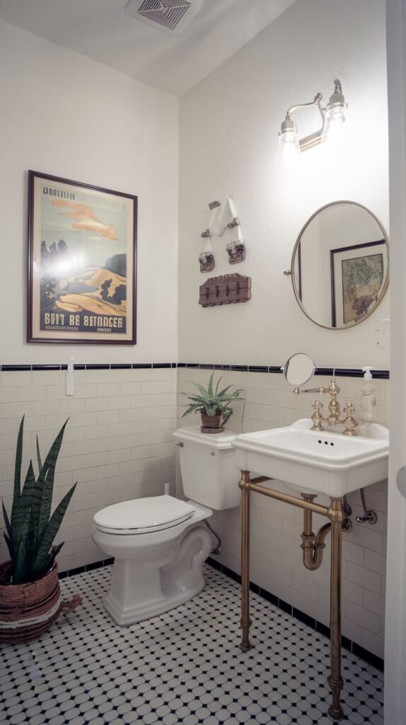 A traditional half bathroom with a white toilet and a white console sink with gold legs and fixtures. The lower walls are white subway tile with a black trim, and the upper walls are painted light beige. A large framed poster and a smaller framed picture hang on the walls. A large snake plant in a woven basket sits beside the toilet. The floor features a black and white mosaic tile pattern.
