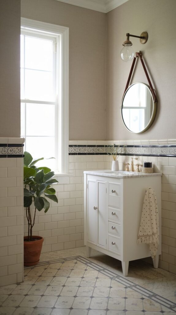 A bright and airy half bathroom with a white vanity and a white rectangular sink. The lower walls are tiled with light-colored subway tiles, and a decorative blue and white patterned tile border runs along the top of the tiled section. The upper walls are covered in light-toned textured wallpaper. A large window provides natural light. A large potted plant is placed near the window. A unique mirror with a leather strap and a wall-mounted light fixture are visible above the vanity.