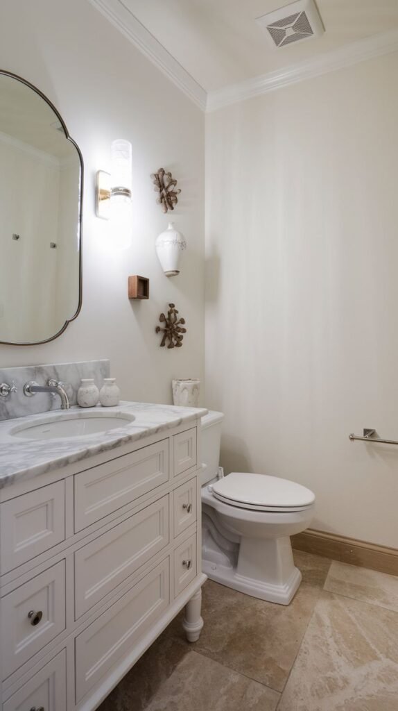 A luxurious half bathroom featuring a white vanity with a marble countertop and a white sink. The walls are painted a light cream color. The room contains a white toilet. Decorative wall art resembling coral or sea elements is mounted on the wall next to a modern wall sconce. The floor is light-colored tiled.
