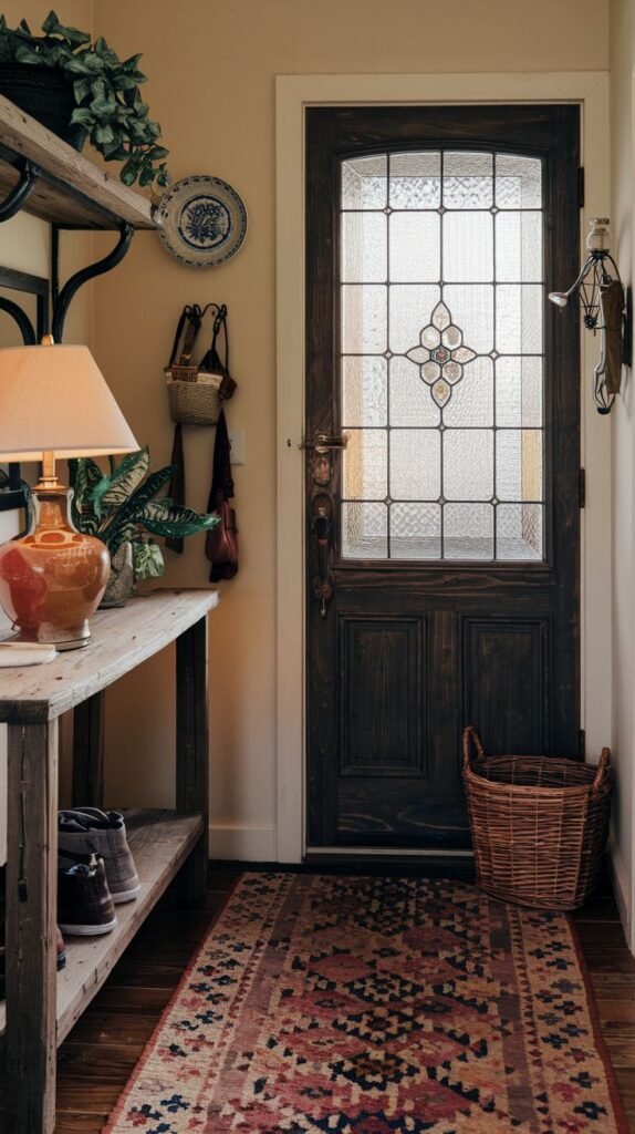 A welcoming country entryway with a dark wooden door featuring frosted stained glass, a rustic wooden console table, and a colorful patterned rug on the floor. A wicker basket sits next to the door.