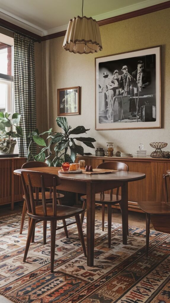A country dining room featuring a dark wooden oval table and chairs, set on a rich patterned rug. A large black and white framed print of musicians, lending a jazzy feel, dominates one wall, while plaid curtains hang by the window.