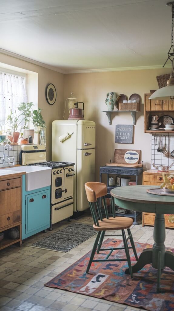 A bright country kitchen with cream-colored vintage-style appliances, including a refrigerator and a stove. The room has light-colored wall tiles, wooden lower cabinets, a green-painted round table, and a colorful patterned rug on the tiled floor.