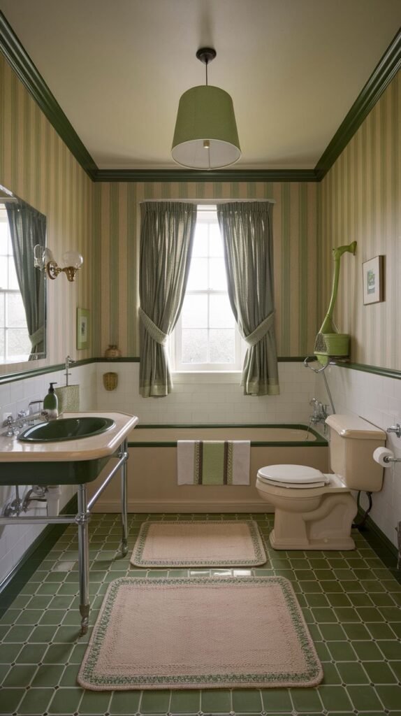 A distinctive bathroom with green and beige striped wallpaper, green tiled floors, and white subway tiles. It features a beige toilet and bathtub, a sink with a black top, and green accents throughout, giving it a unique country charm.