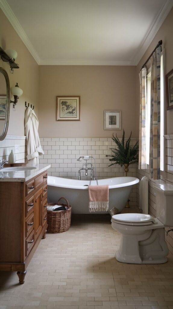 A classic country bathroom with light beige walls and white subway tiles. It features a white clawfoot bathtub, a wooden vanity with a marble top, a white toilet, and light-colored floor tiles.