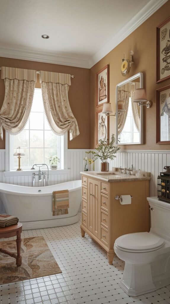 An elegant country bathroom with warm brown walls and white wainscoting. It features a white clawfoot tub, a wooden vanity with a light countertop, a toilet, a window with decorative patterned curtains, and a black and white mosaic tiled floor.