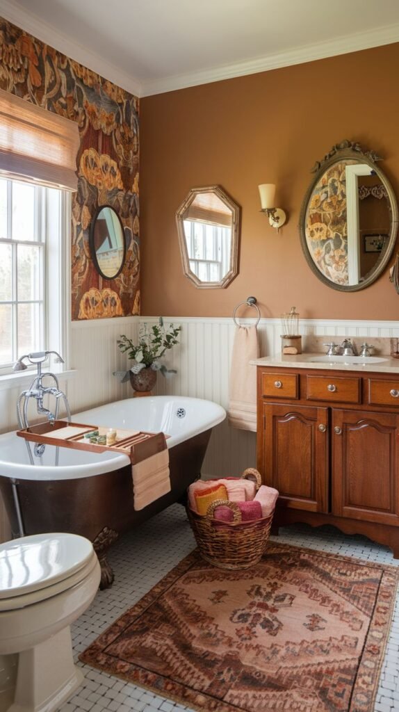 A richly decorated country bathroom with warm brown walls and white wainscoting. It features a dark-colored clawfoot tub, a wooden vanity, multiple ornate mirrors, and a vibrant patterned rug on a white and black mosaic tiled floor.