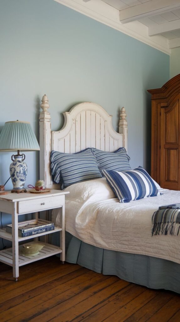 A serene country bedroom with light blue walls and a white paneled headboard. The bed is adorned with white bedding and blue and white striped pillows, complemented by a blue and white striped bed skirt and blanket. A white nightstand with a blue and white lamp sits beside the bed.