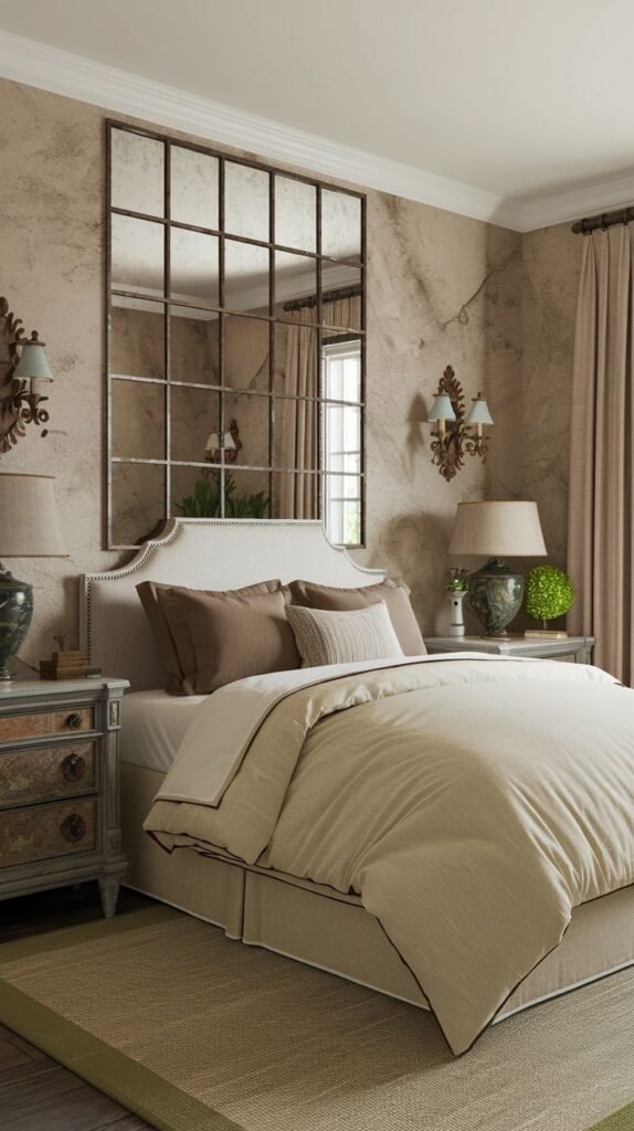 A sophisticated bedroom with textured beige walls, featuring a large grid-patterned mirror above a light-colored upholstered headboard. The bed is dressed in neutral beige and brown bedding, and there are two nightstands with matching lamps.