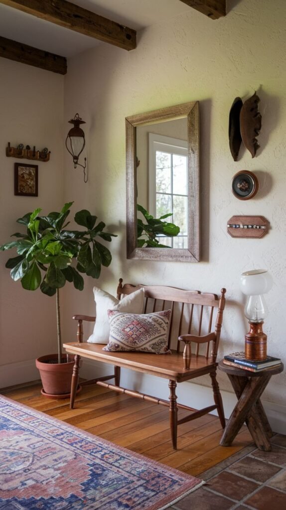 A cozy country hallway or entryway with a wooden bench, a large framed mirror reflecting a window, a tall fiddle-leaf fig plant in a terracotta pot, and a colorful patterned rug on a wooden floor.