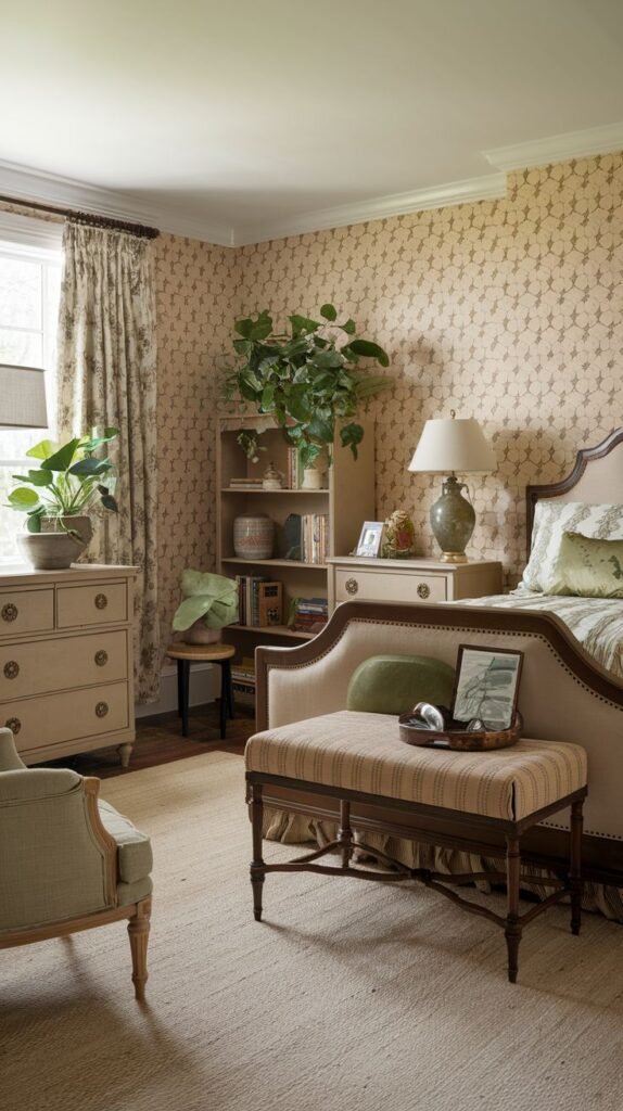 A bright country bedroom with patterned wallpaper and light-colored furniture, including a dresser, a bookcase, and a bed with an upholstered headboard. A large potted plant adds greenery, and an upholstered bench sits at the foot of the bed on a textured rug.