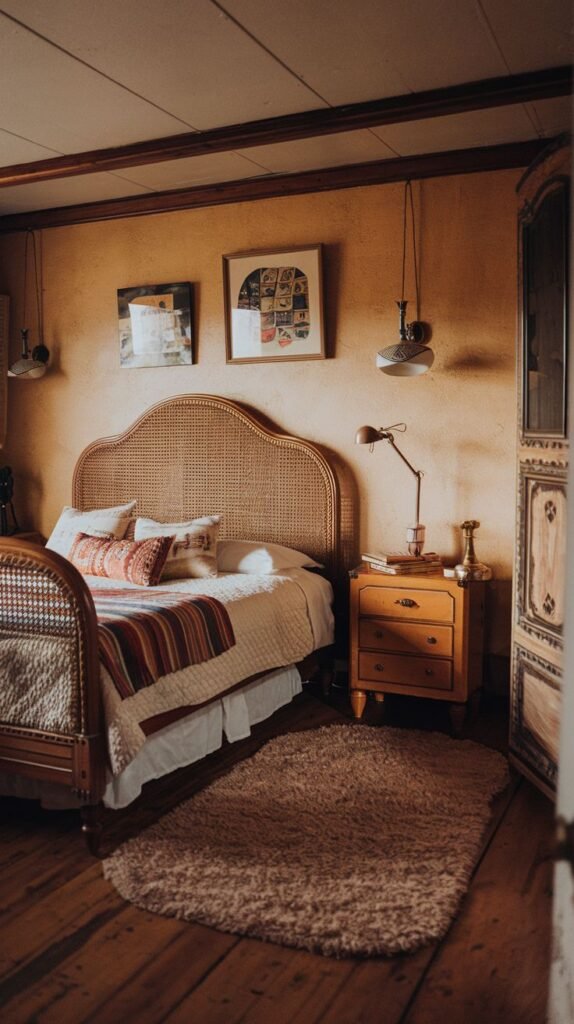 A rustic country bedroom with warm brown walls and exposed wooden ceiling beams. It features a rattan headboard, patterned bedding in warm tones, a wooden nightstand with a desk lamp, and a shaggy beige rug on wooden floors.