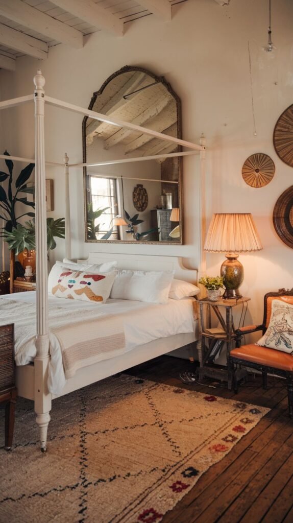 A light and airy bedroom with a white four-poster bed and a large organic-shaped mirror above the headboard. The bed has white bedding with a patterned throw pillow, and a patterned rug covers the wooden floor. Various wall decor pieces and a decorative lamp on a rustic side table complete the look.