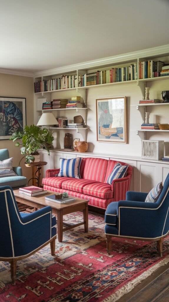 A vibrant country living room with extensive built-in bookshelves filled with books and decor. It features a bold red striped sofa and two blue armchairs, arranged around a wooden coffee table on a patterned rug. The color scheme gives it a subtly jazzy feel.