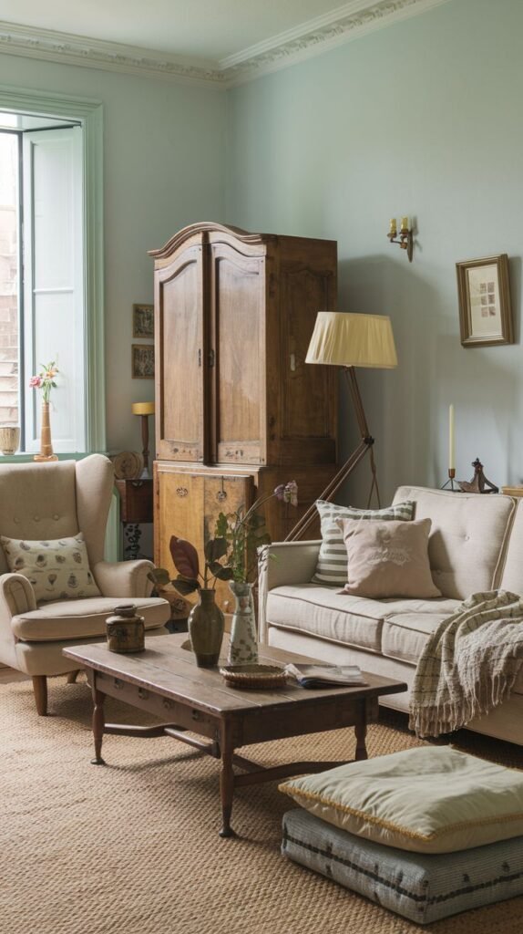 A serene country living room with light teal walls and crown molding. It features a large wooden armoire, a light-colored sofa, a cream armchair, and a rustic wooden coffee table. A natural fiber jute rug covers the floor, and a large window lets in ample light.