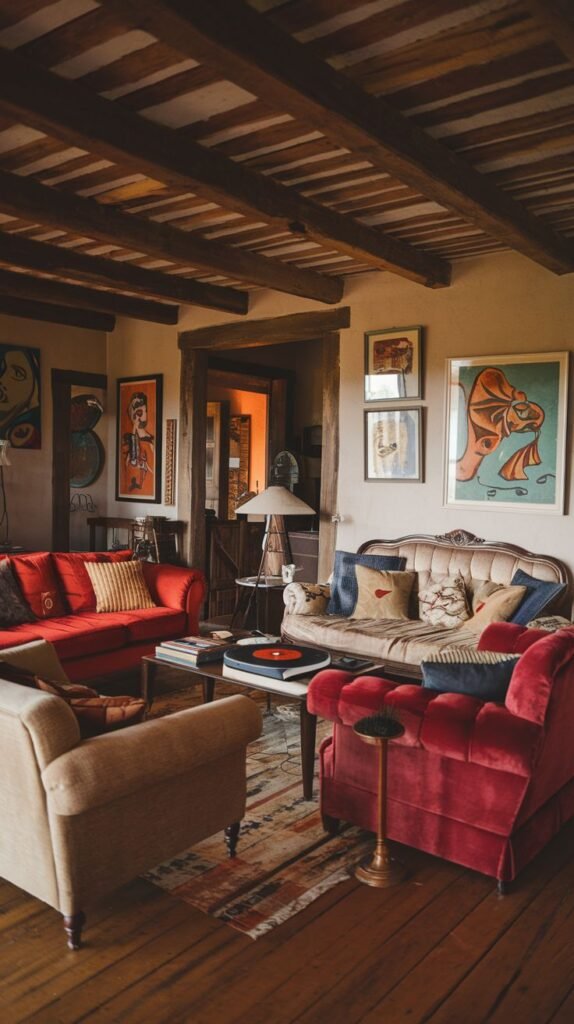 A richly decorated living room with exposed wooden ceiling beams and eclectic artwork on the walls, giving it a distinctly jazzy feel. It features a red sofa, a light-colored patterned sofa, and a red velvet armchair, all arranged on a colorful patterned rug, creating a vibrant country style.