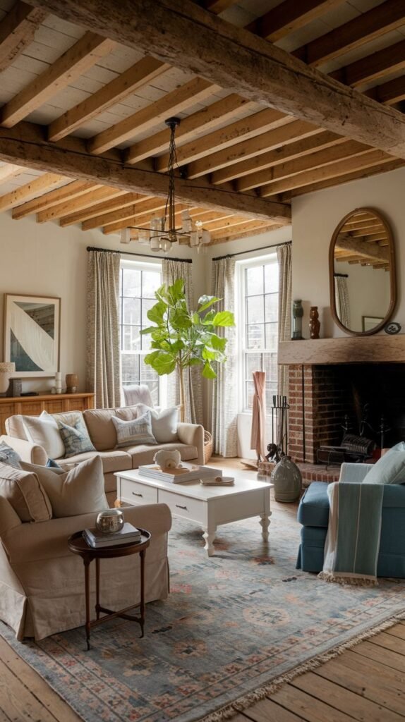 A spacious country living room with exposed wooden ceiling beams and a large brick fireplace. It features two light-colored sofas, a blue armchair, a white coffee table, a large potted plant, and a patterned rug on the wooden floor.