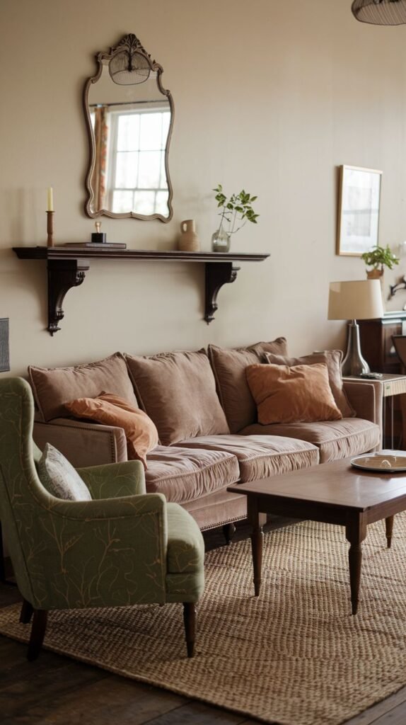 A relaxed country living room with warm beige walls, featuring a brown sofa and a green patterned armchair. A wooden coffee table sits on a natural fiber jute rug, and an ornate mirror hangs above a dark wooden shelf with decorative items.