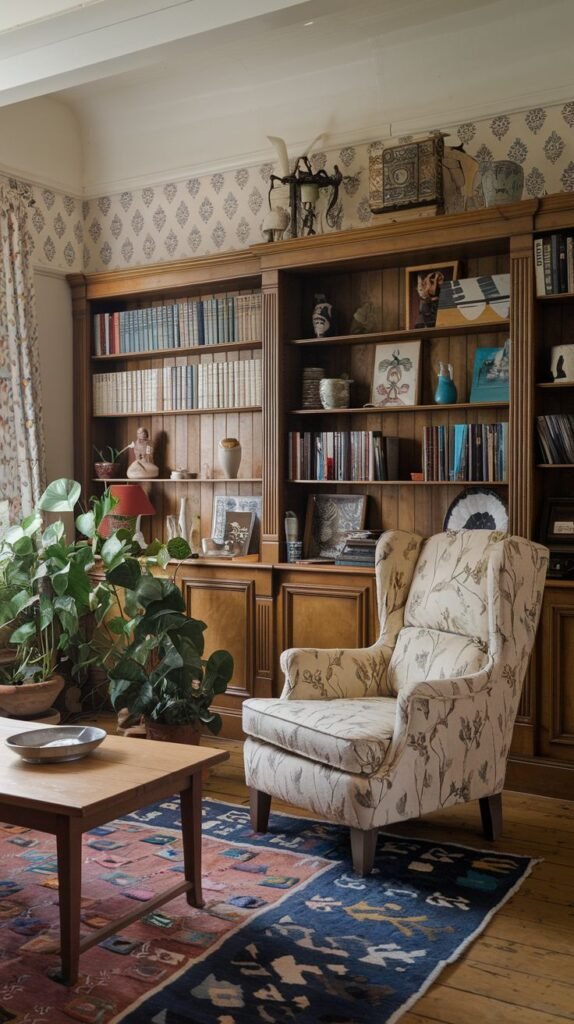 A cozy country living room or study featuring a large wooden bookshelf filled with books and decorative items. A patterned armchair is positioned on a colorful patterned rug, with a small wooden coffee table and plants nearby.
