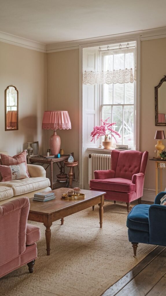 A bright and inviting living room with light-colored walls, featuring a large window with a lace valance. Two pink armchairs and a blue armchair create a playful, almost jazzy arrangement around a wooden coffee table. A light-colored sofa and a natural fiber rug complete this charming country space.