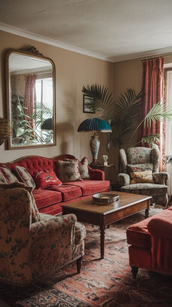 A richly decorated living room with warm brown walls, featuring a deep red sofa and two patterned armchairs, creating a bold, jazzy aesthetic. A large ornate mirror reflects a large potted plant, and a wooden coffee table sits on a patterned rug, contributing to a luxurious country feel.