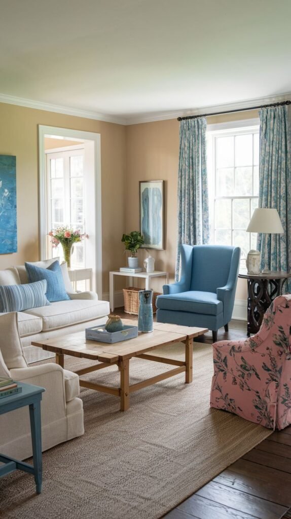 A country living room featuring a light-colored sofa with blue striped pillows, a blue armchair, and a pink floral armchair, set on a natural fiber rug with wooden floors. Blue and white patterned curtains frame large windows, and a wooden coffee table sits in the center.