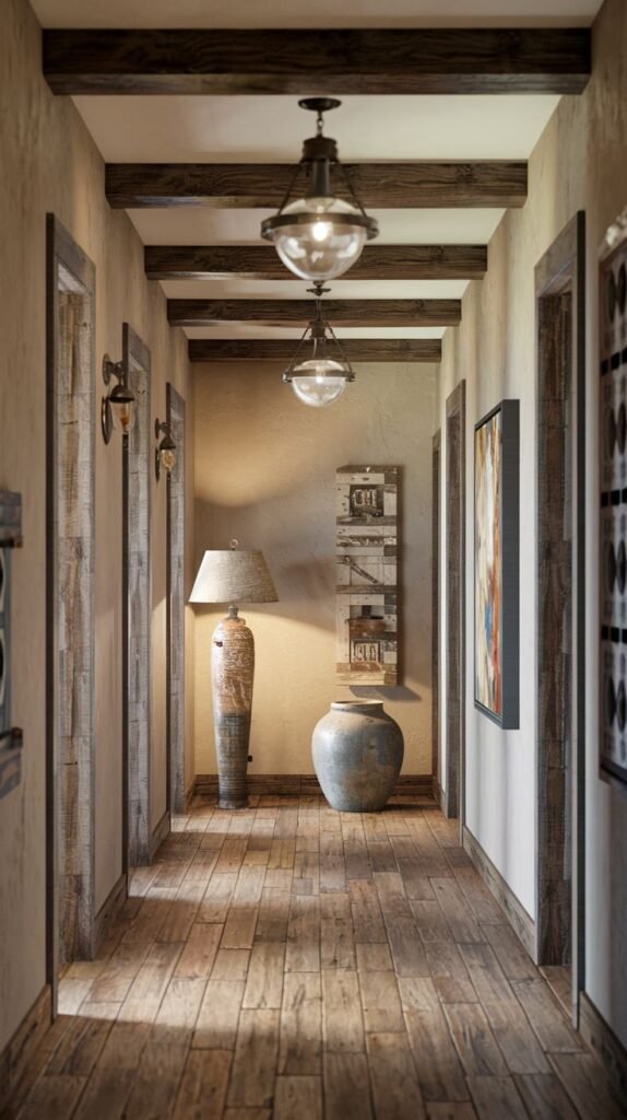 A rustic country hallway with exposed dark wooden ceiling beams and matching door frames. The hallway features pendant lights, wall sconces, a tall floor lamp, a large decorative vase, and a framed painting, all on distressed wooden floors.
