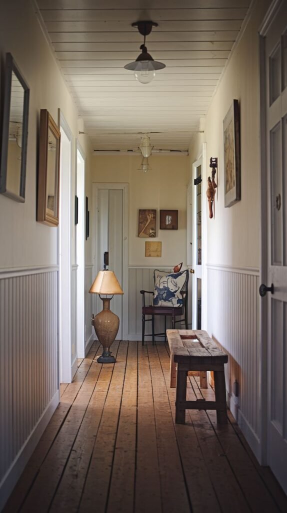 A well-lit country hallway with white wainscoting and light walls, featuring wooden floors, a ceiling pendant light, a tall table lamp on a small wooden table, and a rustic wooden bench. Mirrors and artwork adorn the walls.