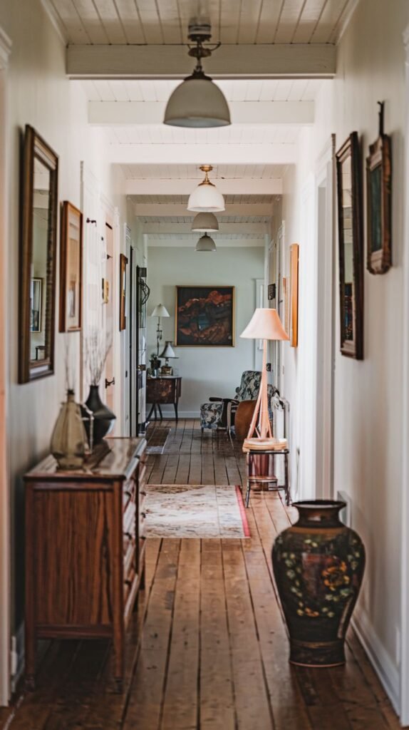 A long, inviting country hallway with exposed wooden ceiling beams and light-colored walls, featuring wooden floors. Various furniture pieces, including a wooden dresser, lamps, a patterned rug, and wall art, lead the eye to a far room.