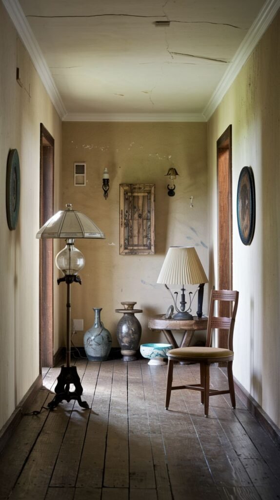 A country hallway with light-colored walls and wooden floors, featuring two tall lamps, decorative vases, a wooden chair, and various wall decor elements.