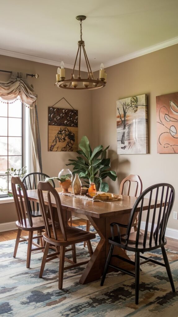 A country dining room with a wooden farmhouse-style table and a mix of wooden chairs, including some with dark finishes. A circular metal chandelier hangs above the table, and abstract, jazzy artwork adorns the light-colored walls. A large plant sits by a window.